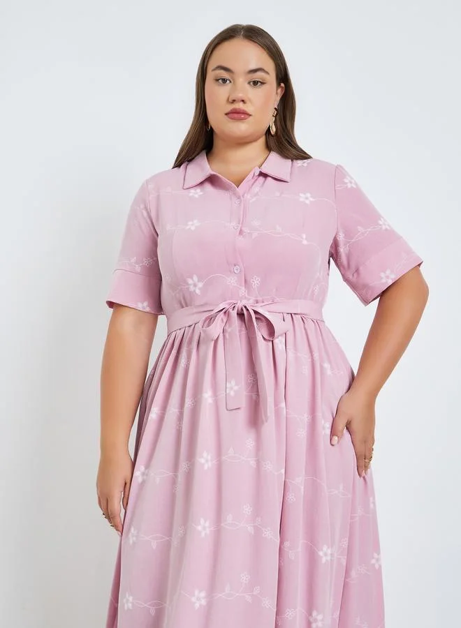 Styli Plus Size Lilac Floral Print Shirt Maxi Dress